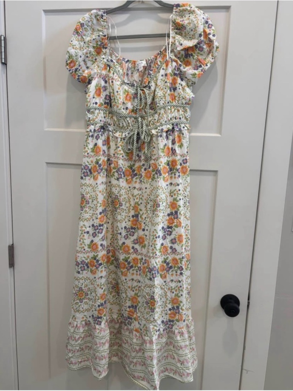Floral Smocked Midi Dress in Cream with Orange & Purple Flowers